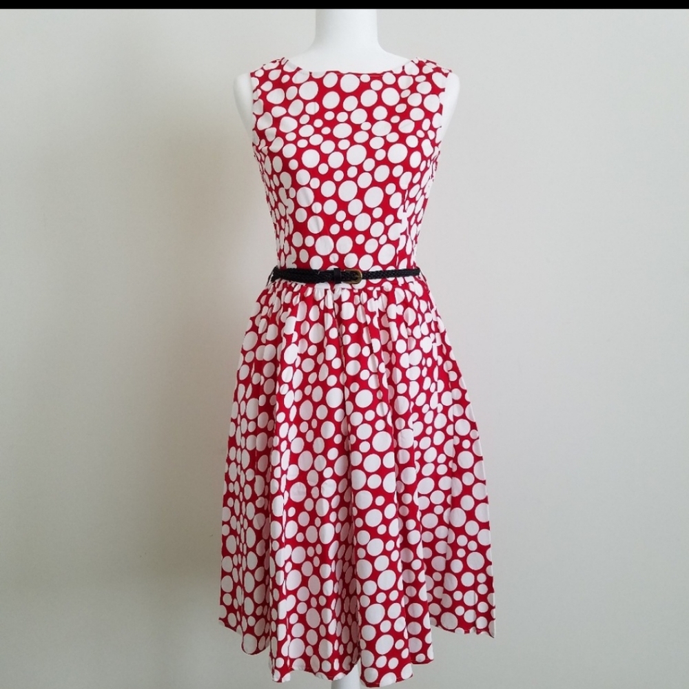 Red and white polka dot swing dress